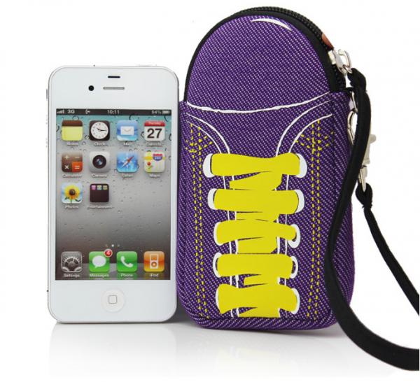 special shoes design soft mobile neoprene phone pouch bag with wrist strap to