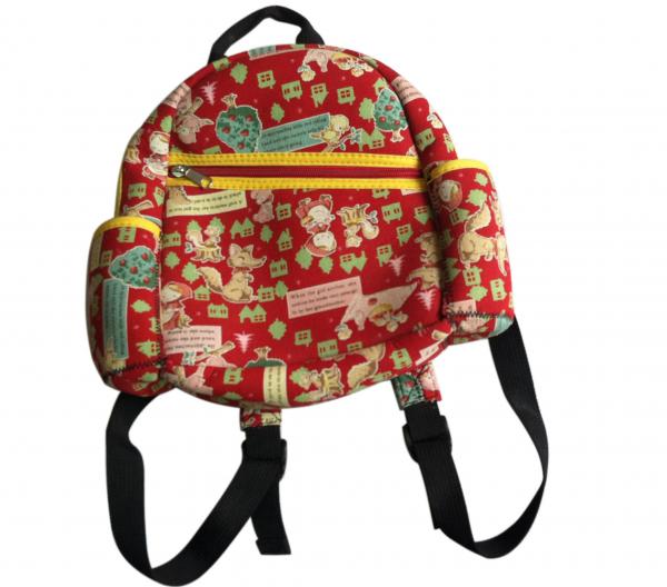 Red zipper neoprene children backpack with one main roomy pocket and a small